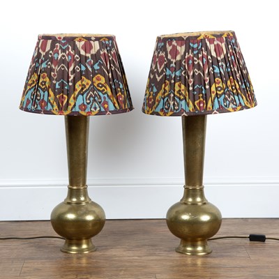 Lot 53 - Pair of Persian brass converted lamps...