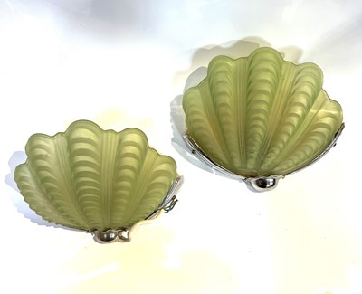 Lot 775 - Art Deco A pair of wall lights green glass...