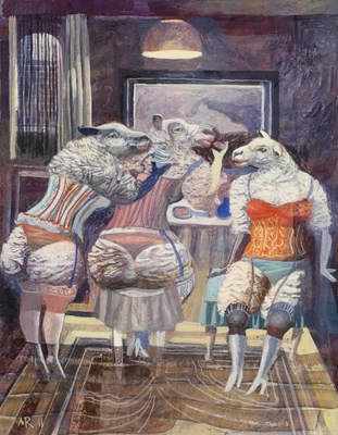 Lot 187 - Mick Rooney (b.1944) 'Three sheep at the bar',...