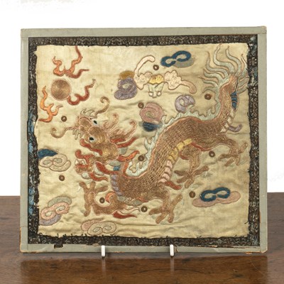 Lot 351 - Small gold thread embroidered silk panel...