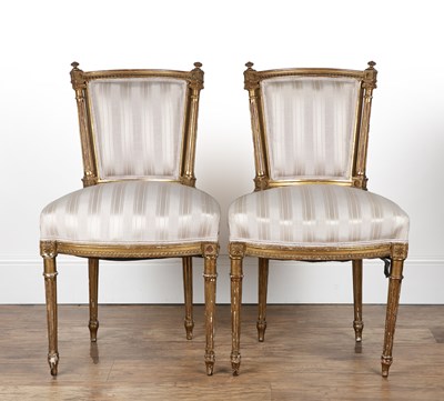 Lot 213 - Pair of French chairs with gilt painted frames...