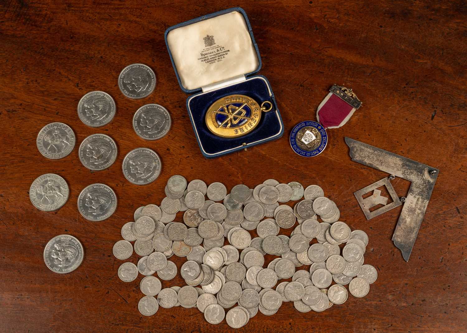 Lot 37 - Three Freemason's medals; seven Diana commemorative coins; two Queen Elizabeth II Silver Jubilee 1977 coins; and other sixpences