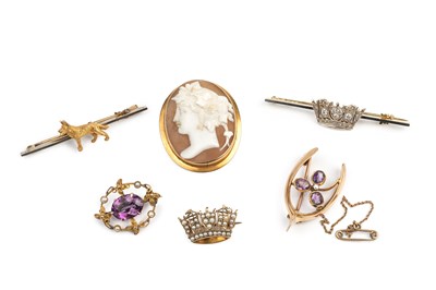 Lot 286 - A collection of brooches, comprising a diamond...