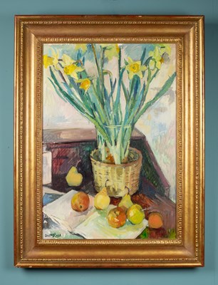 Lot 141 - Jean Dupays (French), 'Still life with pears and daffodils'