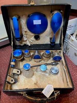 Lot 176 - A silver and blue enamel dressing table set,...