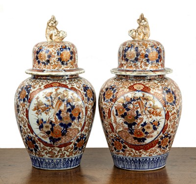 Lot 519 - Pair of heavy Imari porcelain vases and covers...