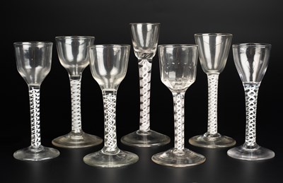 Lot 57 - A group of seven antique lace twist cordial and wine glasses