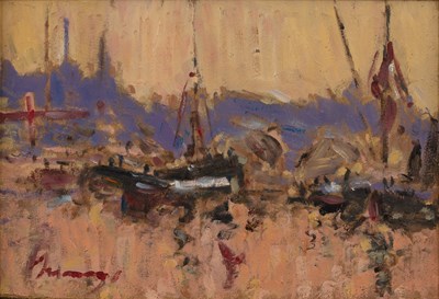 Lot 246 - Ken Moroney (1948-2018) Boats at Sunset signed...