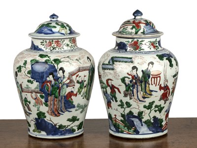 Lot 96 - Matched pair of Wucai porcelain vases and...