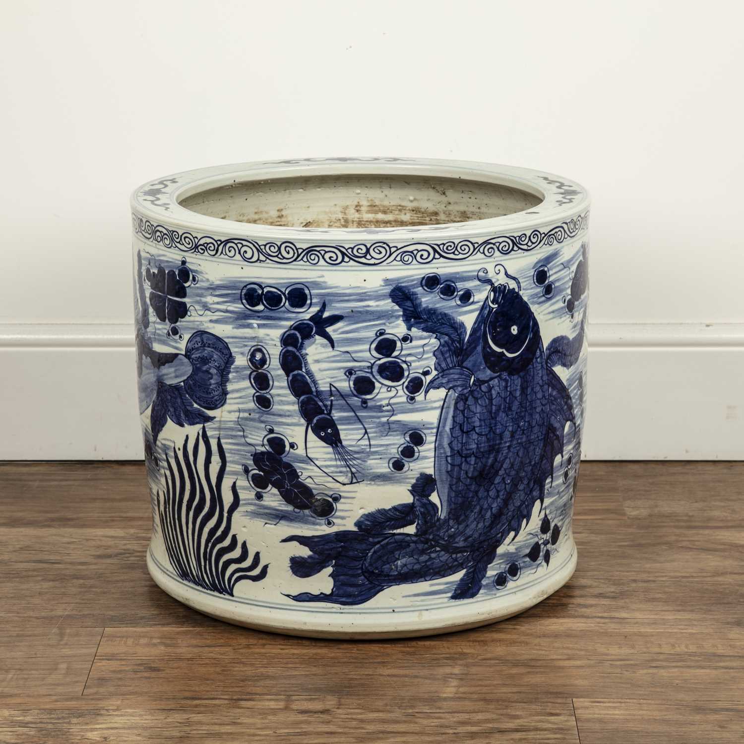 Lot 13 - Large blue and white porcelain cylindrical...