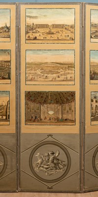 Lot 523 - A folding canvas screen decorated with nine 18th century French etchings