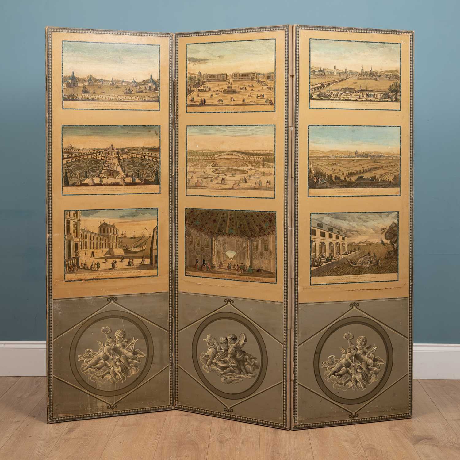 Lot 523 - A folding canvas screen decorated with nine 18th century French etchings