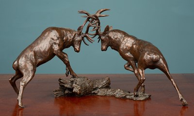 Lot 3 - M. S. (contemporary), a bronze sculpture of stags rutting