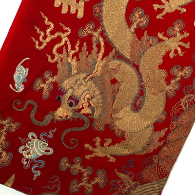 Lot 352 - Red ground long banner/altar panel Chinese,...