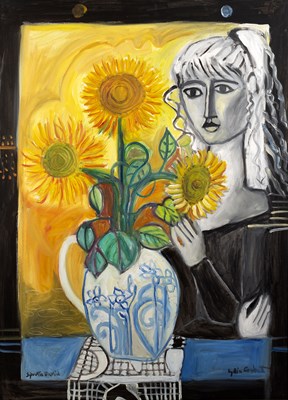 Lot 448 - Lydia Corbett (b.1934) Girl and Sunflowers...