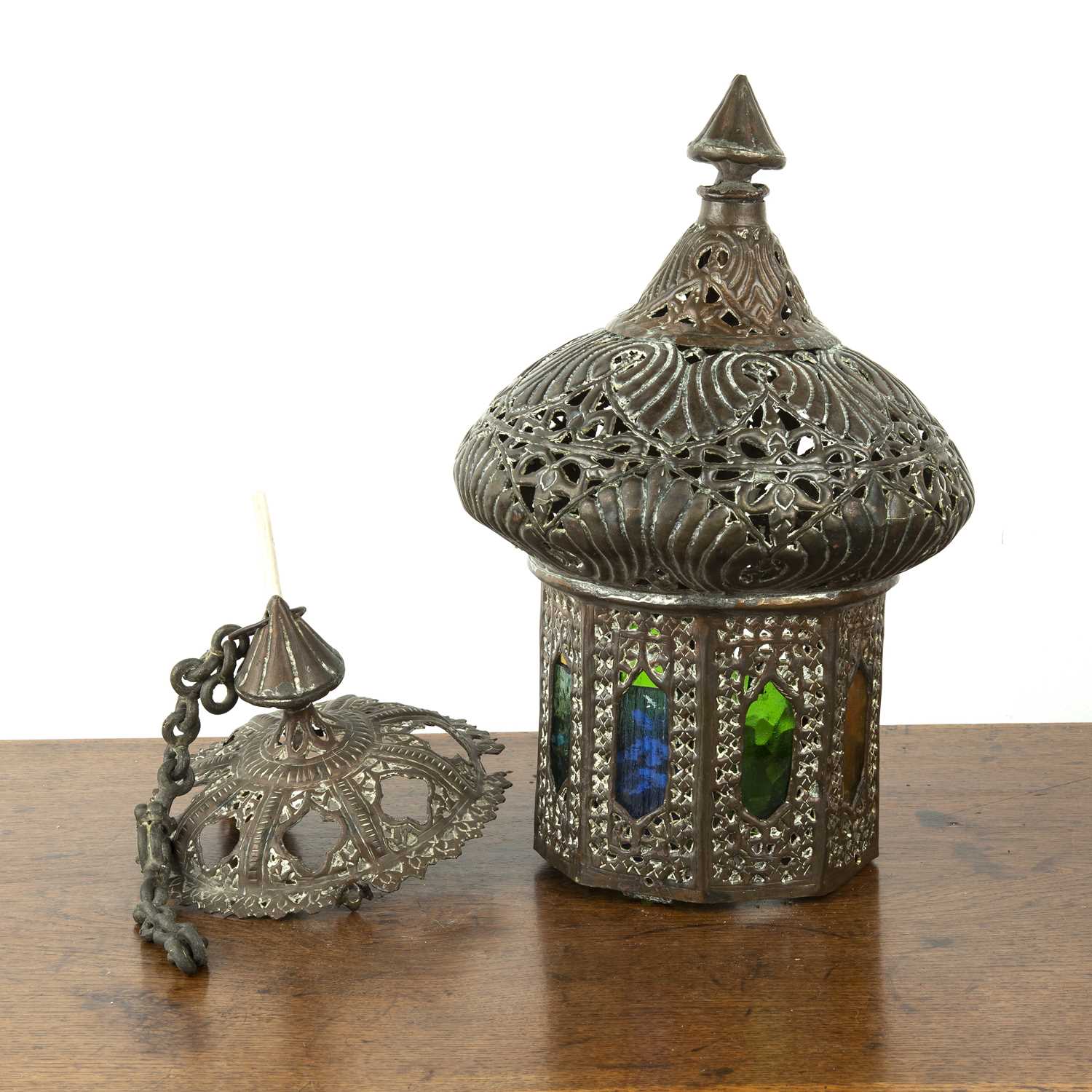 Lot 467 - Brass hanging lantern Indian with coloured...