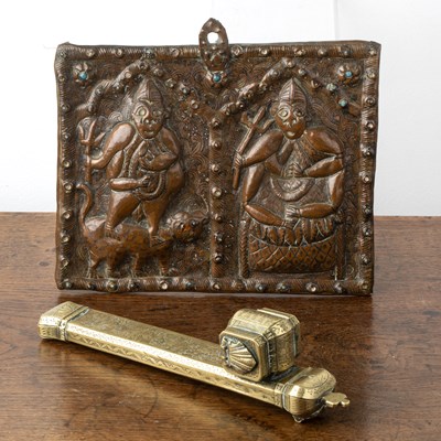 Lot 466 - Carved repoussé copper plaque Nepalese/Tibetan,...