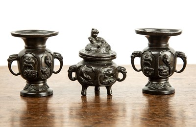 Lot 465 - Bronze three-piece garniture set comprising of...