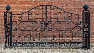 Lot 1169 - A pair of black painted wrought iron driveway gates