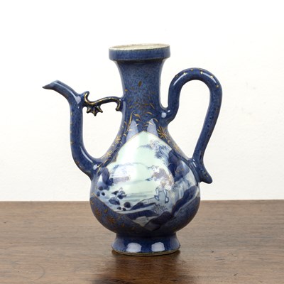 Lot 19 - Small porcelain powder blue and white ewer...