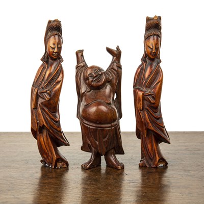 Lot 399 - Two carved wood models of Guanyin Chinese 15cm...