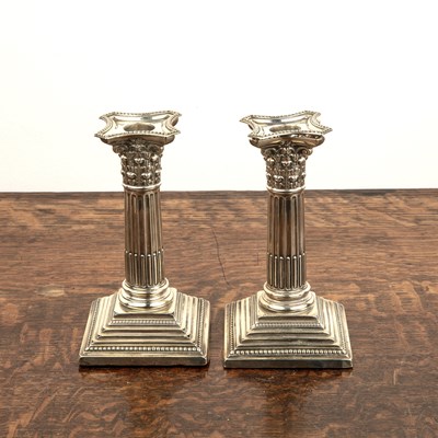 Lot 273 - Pair of Corinthian column silver candlesticks...