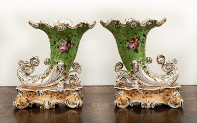 Lot 254 - Pair of Jacob Petit porcelain cornucopia vases...