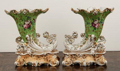 Lot 342 - Pair of Jacob Petit porcelain cornucopia vases...