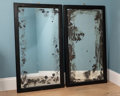 Lot 591 - Three antique black painted wood distressed mirrors