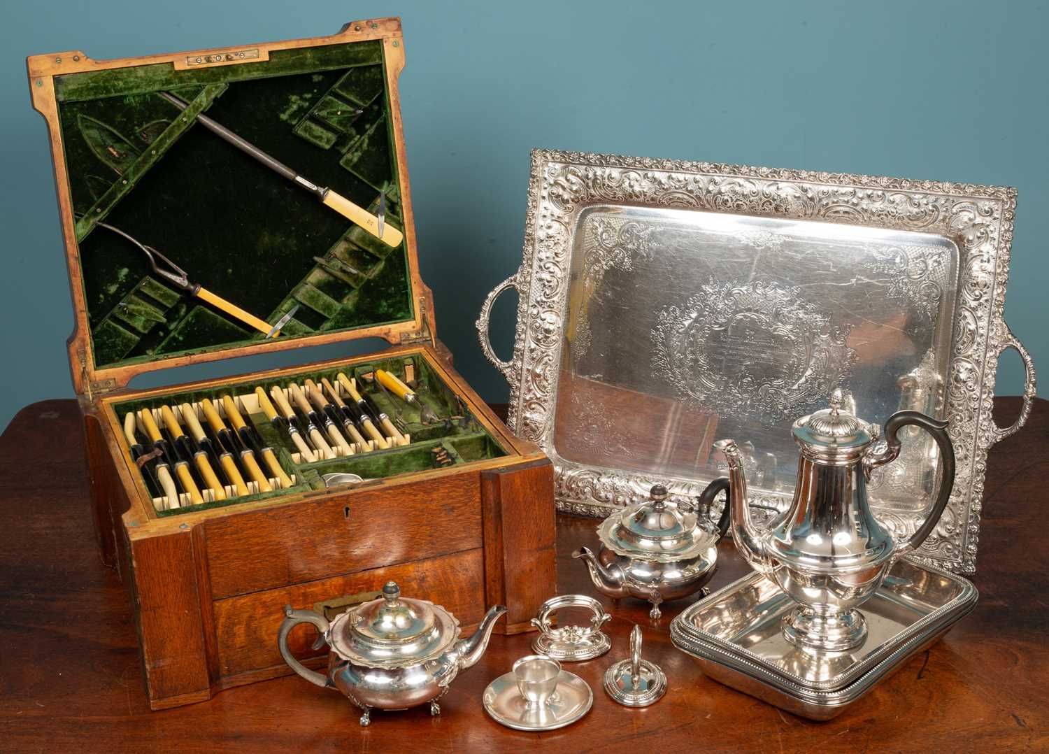 Lot 40 - An antique oak cased canteen of silver plated cutlery; together with further silver plated items