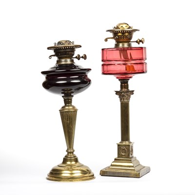 Lot 201 - A victorian brass oil lamp with a faceted...