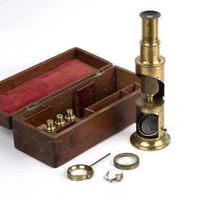 Lot 20 - A 19th century brass drum microscope with four...