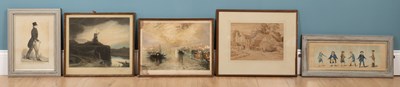 Lot 413 - Antoine Gaymond, Venetian scene print; a further print by Antoine Gaymond; two cartoon prints; and a farmyard scene watercolour