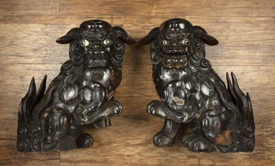 Lot 392 - Pair of lacquered wood dogs of fo Chinese,...