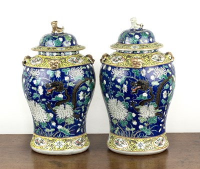 Lot 107 - Pair of cobalt blue and yellow baluster vases...