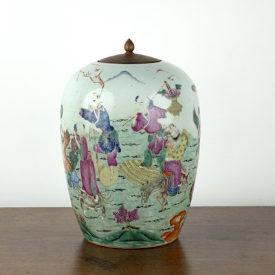 Lot 109 - Polychrome enamelled vase and wood cover...