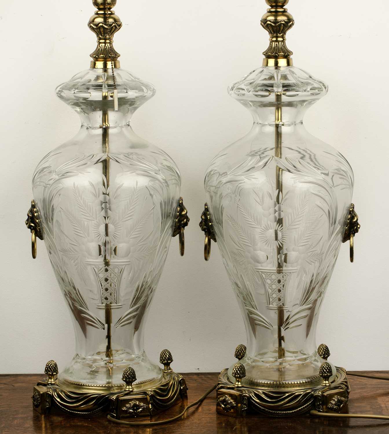 Lot 150 - Pair of contemporary etched glass table lamps...