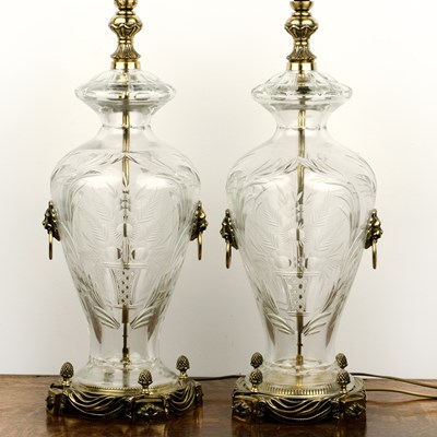 Lot 150 - Pair of contemporary etched glass table lamps...
