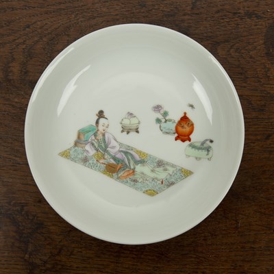 Lot 112 - Shallow white ground dish Chinese painted in...