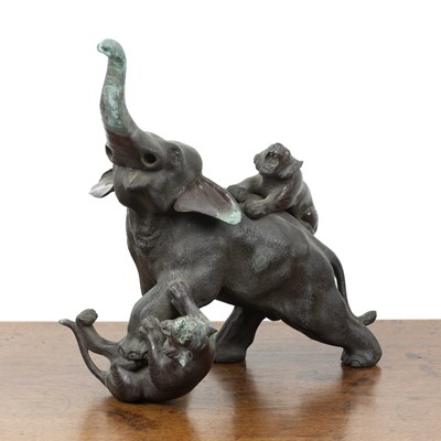 Lot 511 - Model bronze elephant and two tigers Japanese,...