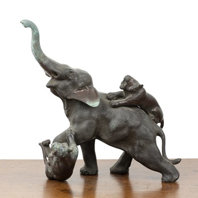 Lot 511 - Model bronze elephant and two tigers Japanese,...