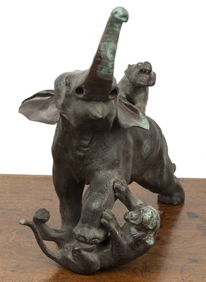 Lot 511 - Model bronze elephant and two tigers Japanese,...