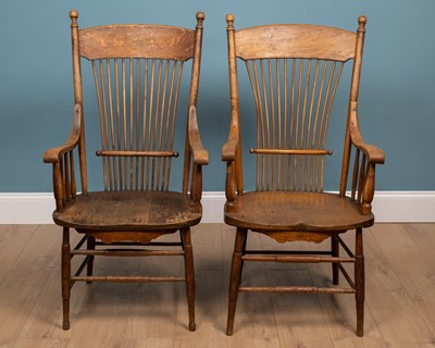 Lot 463 - A pair of ash spindle-back open armchairs