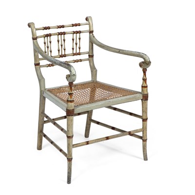Lot 236 - A Regency painted faux bamboo open armchair...
