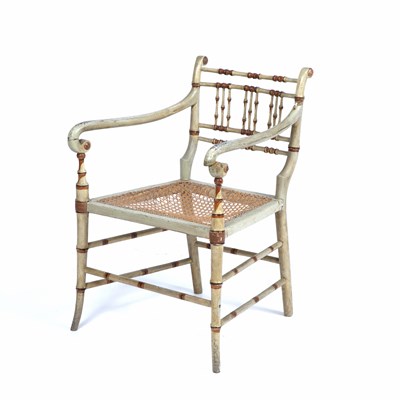 Lot 236 - A Regency painted faux bamboo open armchair...