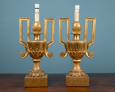 Lot 357 - A pair of gilt wood table lamps