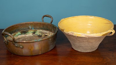 Lot 358 - A 19th century glazed terracotta dairy bowl; together with an antique copper jam pan