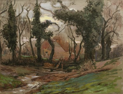 Lot 485 - Cyril Frost (1880-1971) Cottage in woodland,...