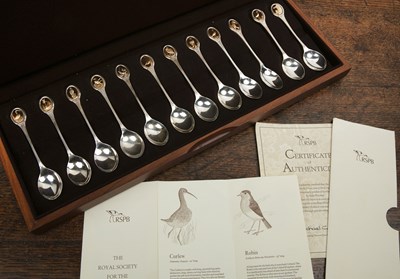 Lot 421 - Cased set of twelve silver RSPB spoons 'The...