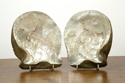 Lot 235 - Pair of mother-of-pearl panels Chinese carved...